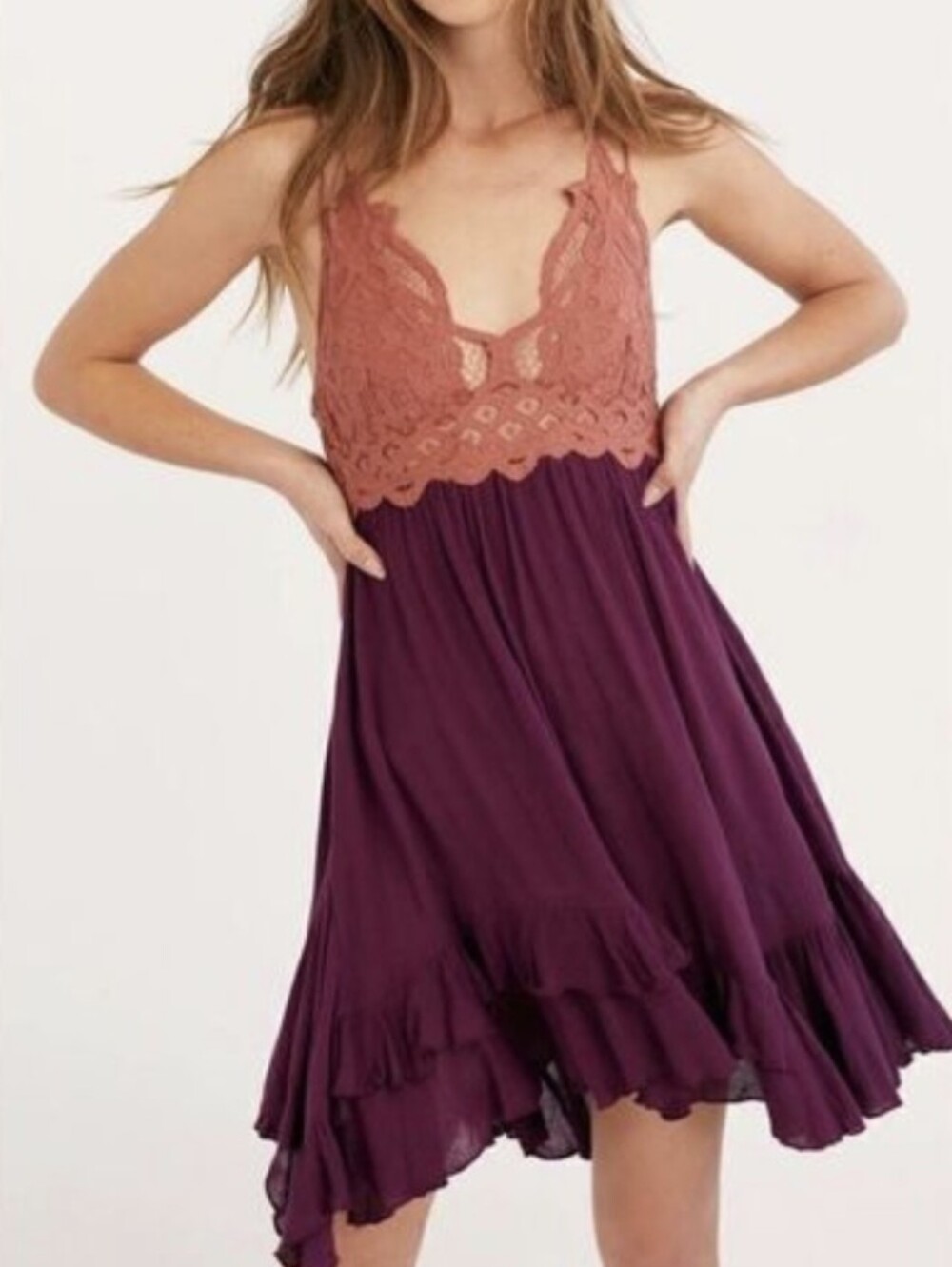 Free People Adella Mini Dress - Dusty Pink Top & Eggplant Skirt